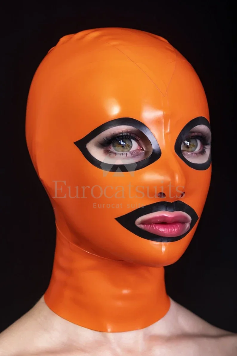 

Latex mask handmade rubber hood with back zipper and contrasting eyes and mouth