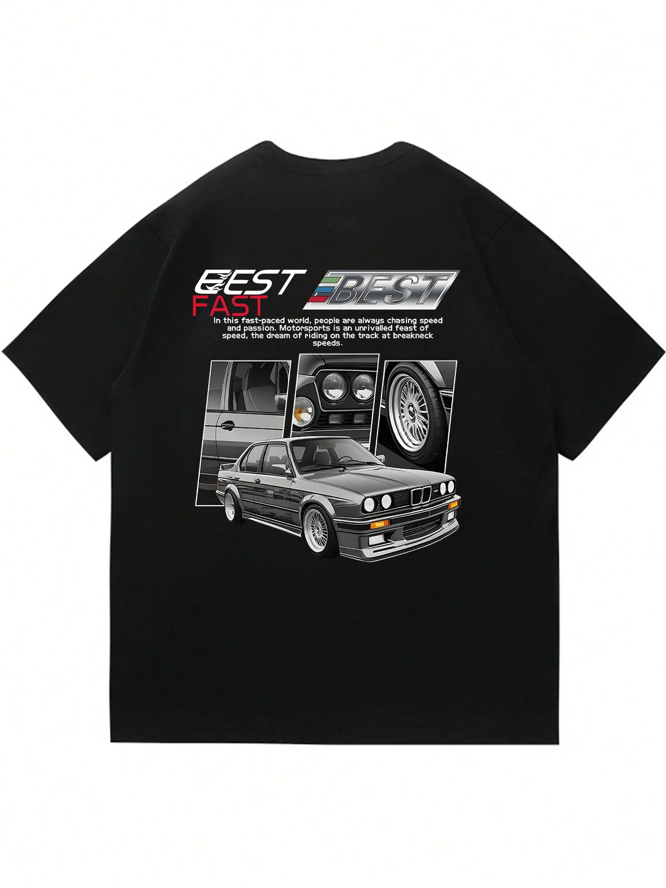 Men's Casual Crew Neck T-Shirt Soft Stretch Fabric Classic Car Print Short Sleeve Black Machine Washable Polyester Blend Retro