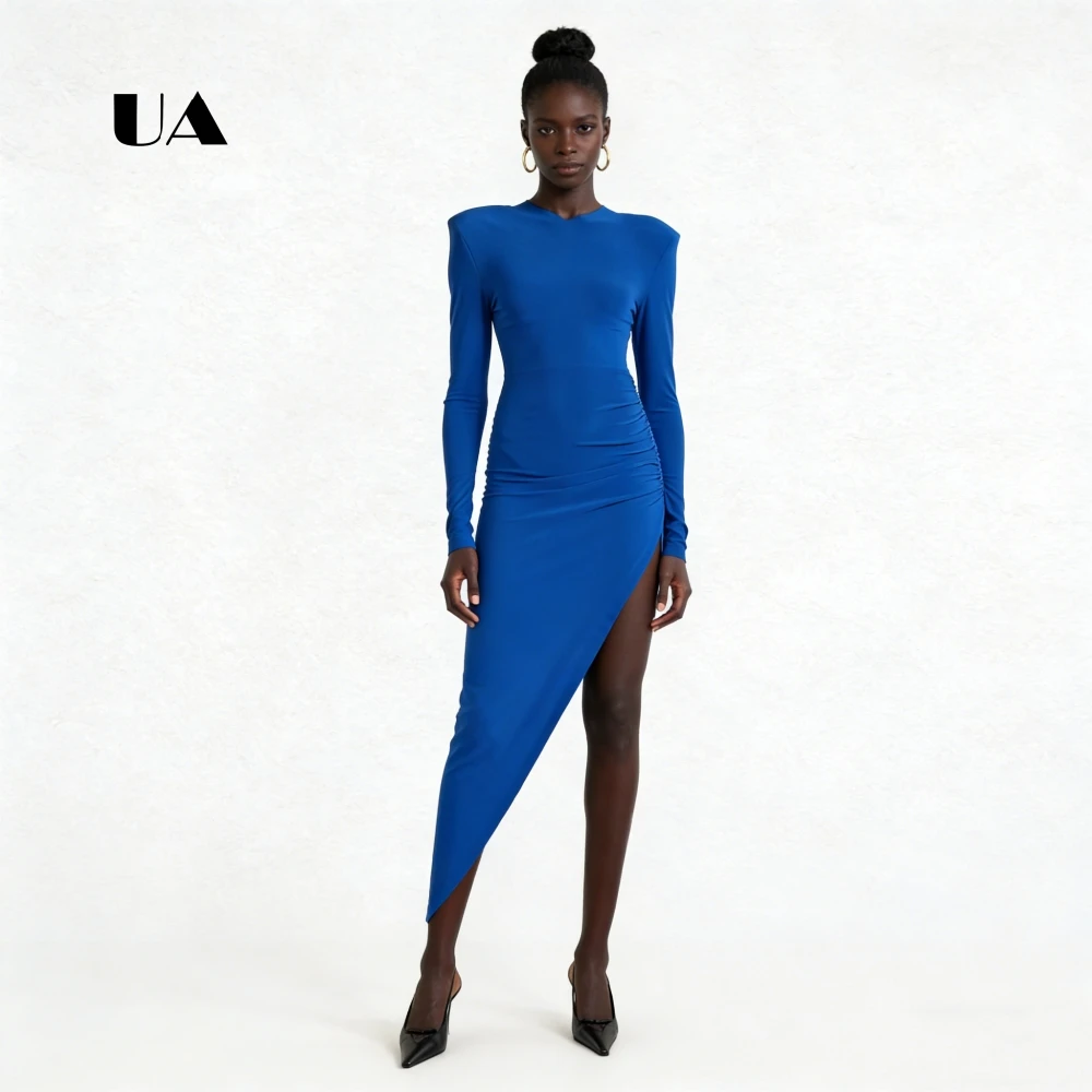 

ULBYANRY Sheath Turtleneck Prom Dress, Solid Long Pad Sleeve Evening Dress for Woman, Asymmetrical Ruched Customized Party Gown