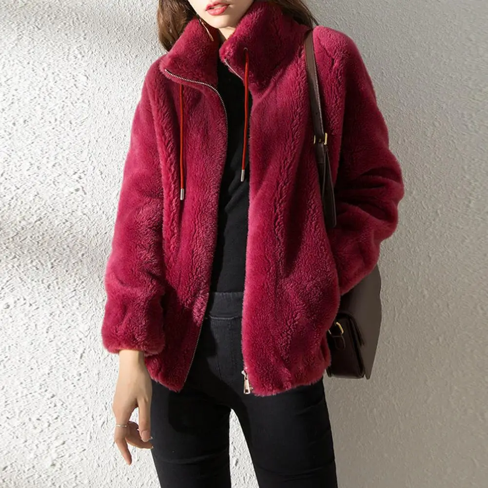 Women Zip-up Jacket Thermal Insulation Women Coat Stylish Stand Collar Winter Coat with Plush Lining Zipper Closure for Daily