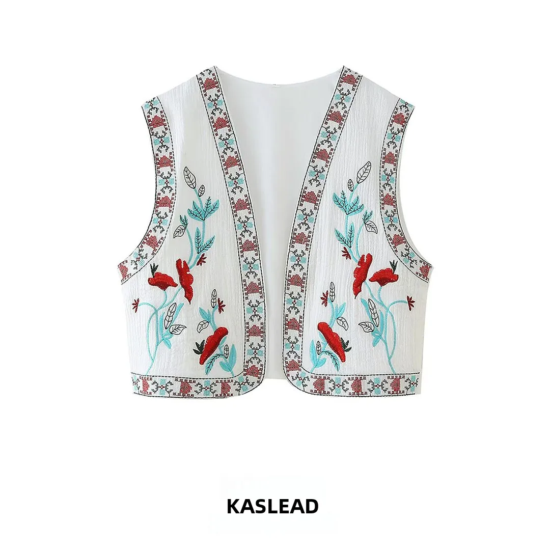 KASLEAD New Women's Fashion High-End Embroidered Versatile Design Short Sleeve Vest Outerwear Polyester Fiber V-neck Plant Fl...