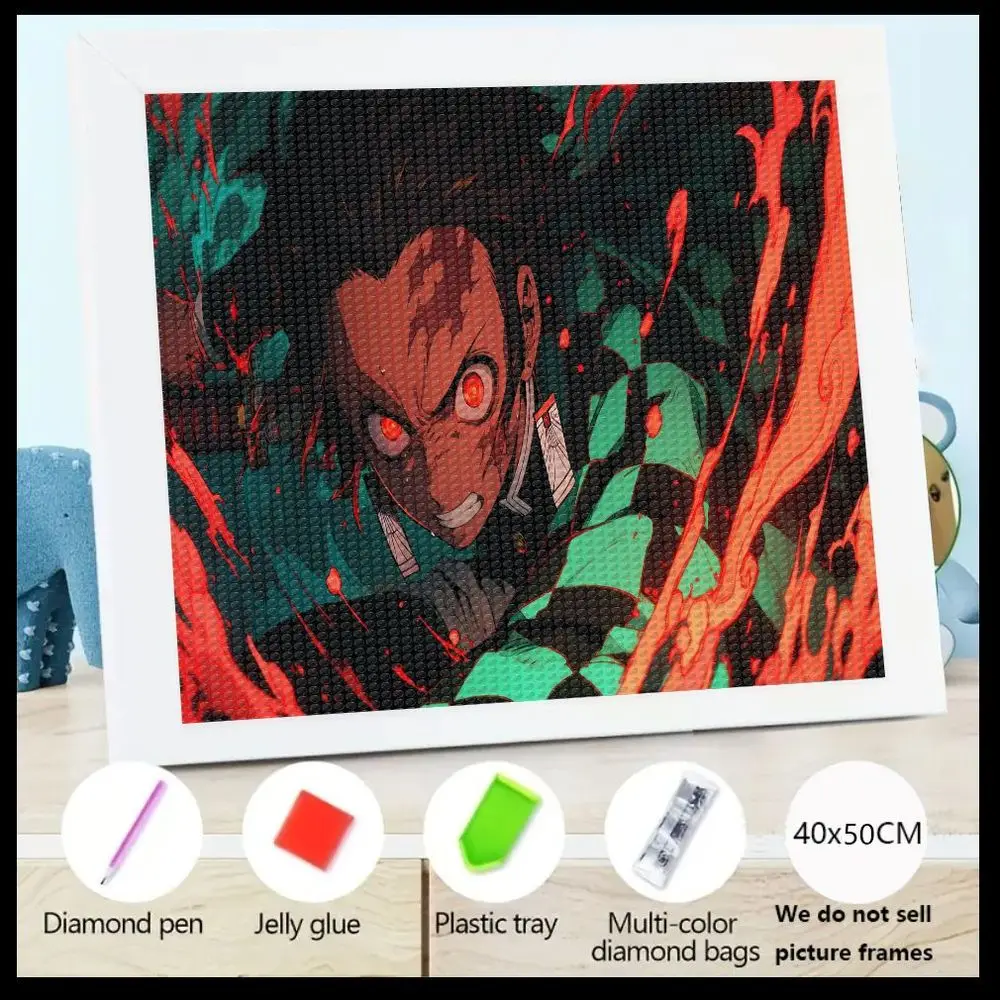 

Набор для алмазной живописи 5D, персонаж аниме с интенсивными красными глазами, агрессивное выражение, динамические огненно-красные бирюзовые эффекты, 40x50 см, сделай сам
