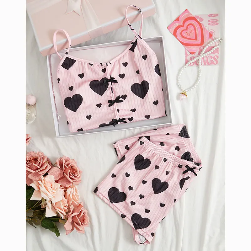 New Pink Strappy Pajama Set With Bow-Accented Heart-Print Tank Top And Shorts Summer Pajamas For Woman Homewear Sexy Casual Wear view 5