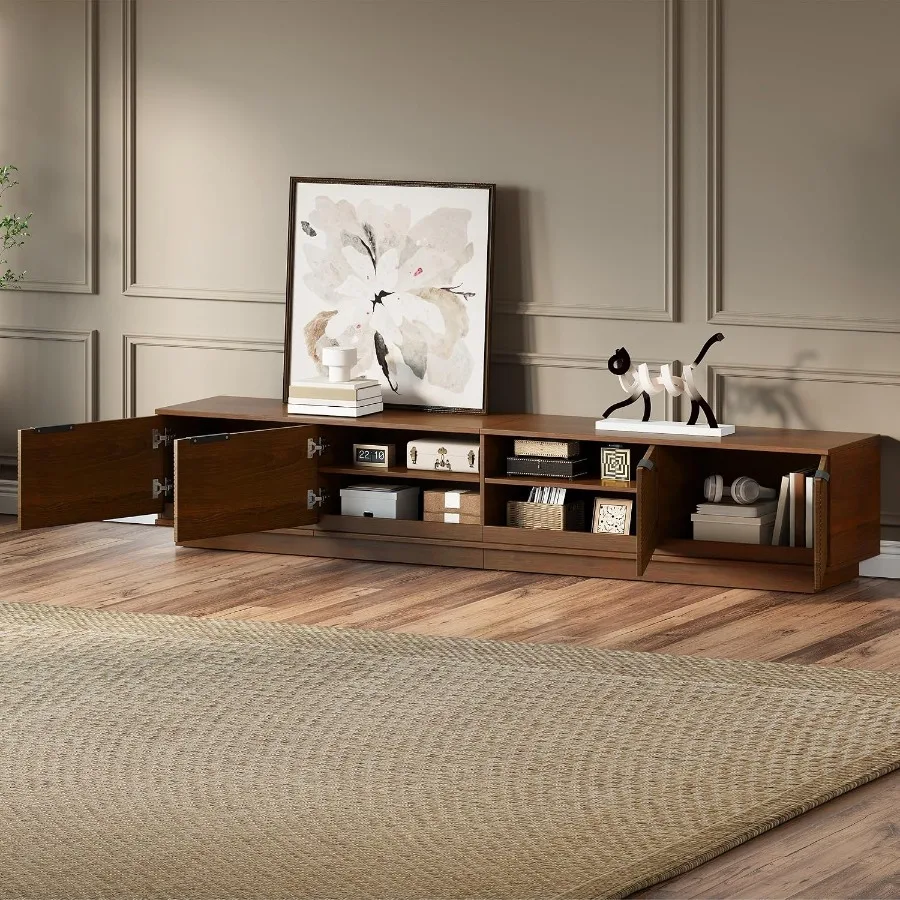 78-inch Modern TV Stand for TVs up to 85, living room use, engineered wood, matte black, adjustable shelves and cable managemen