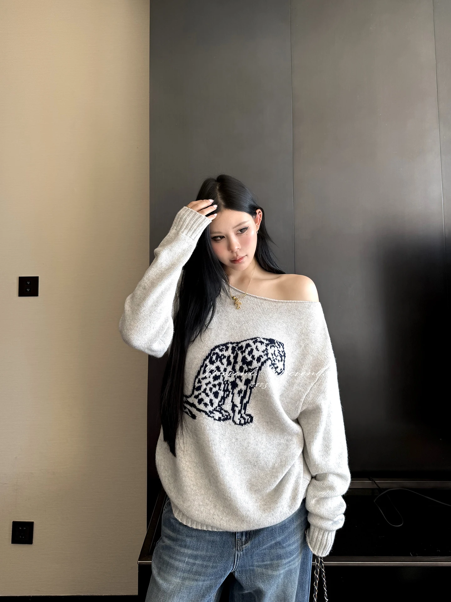 

Thiened Loose Women's Knitted Sweater Autumn Winter Casual Sle Money Leopard Pattern Embroidery Slimming Top by Heize Xuanqi