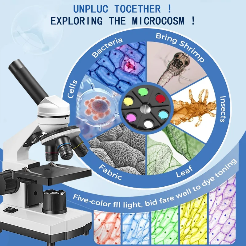 Monocular Compound Microscope 40X-2000X Magnification with Dual LED Illumination, Phone Adapter and Slides Included
