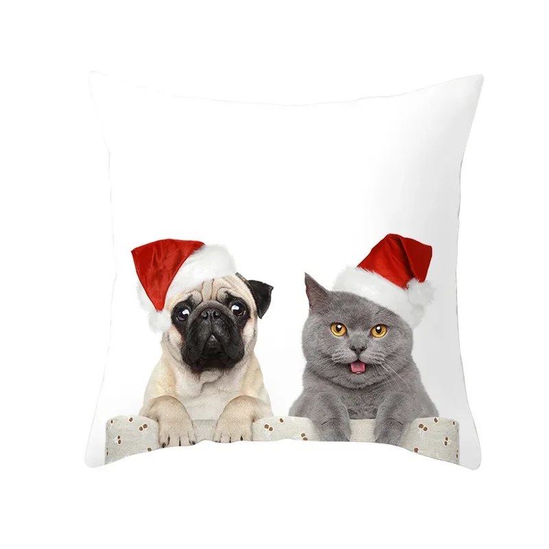 Cute Pet Dog Cat with Christmas Hat Printed Cushion Cover Sofa Home Decorative Pillow Cover Square Polyester Pillowcase 45x45cm