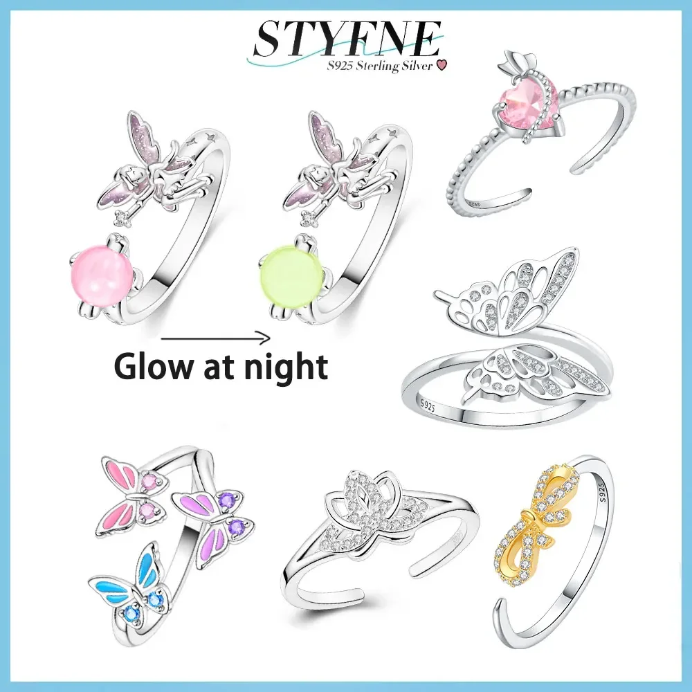 Sterling Silver 925 Sparkling Tri-Color Butterfly Fairy Night Glow Beads Open Ring for Women Premium Fine Jewelry Gift