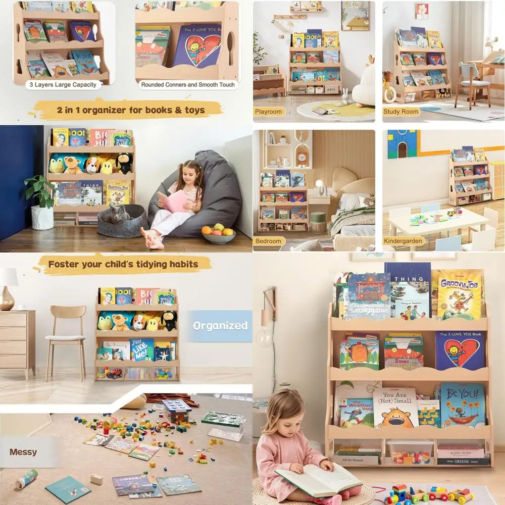 

Montessori-Style Toddler Bookshelf with 3 Storage Bins for Kids' Rooms and Nursery