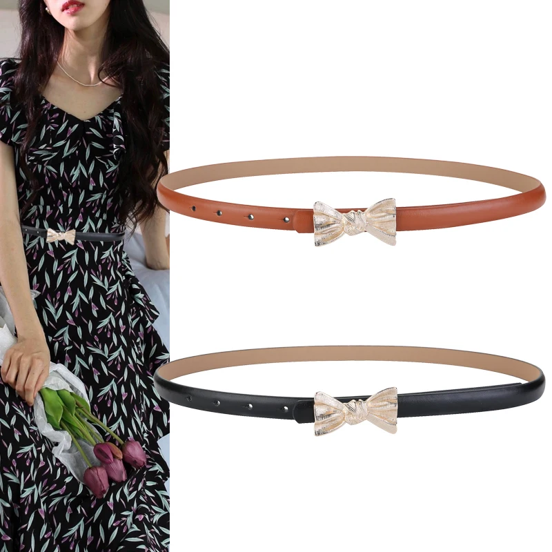 

New Elegant Thin Women Belt Luxury Gold Bow Metal Buckle Genuine Leather Matching Female Dress Jeans Fashion Designer Waistband