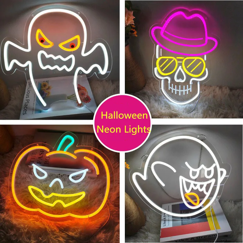 Pumpkin Halloween Neon Signs Lantern Led Light Up Sign USB Powered Home Party Bedroom Decoration Spooky Boo Neon Wall Decor Lamp