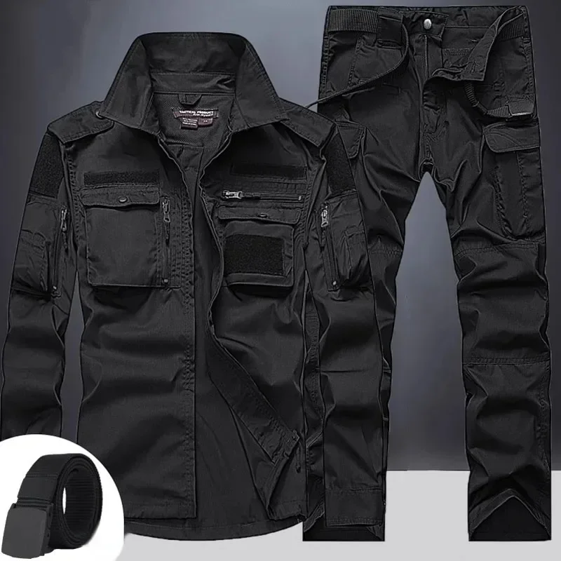 Summer Sets Mens Outdoor Breathable Multiple Pockets Combat Long Sleeve Shirts Cargo Pants Suits Male