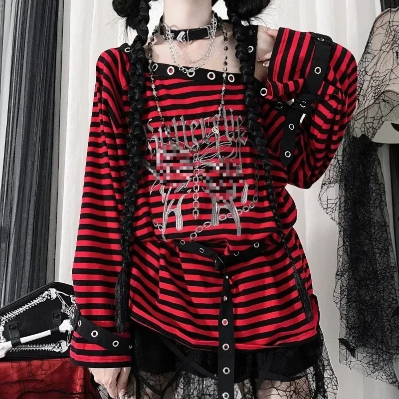 Harajuku Punk Striped Pirnt T-shirts Y2k Gothic Girls Off Shoulder Blue Red Loose Butterfly Letter Subculture Grunge Tees Chic
