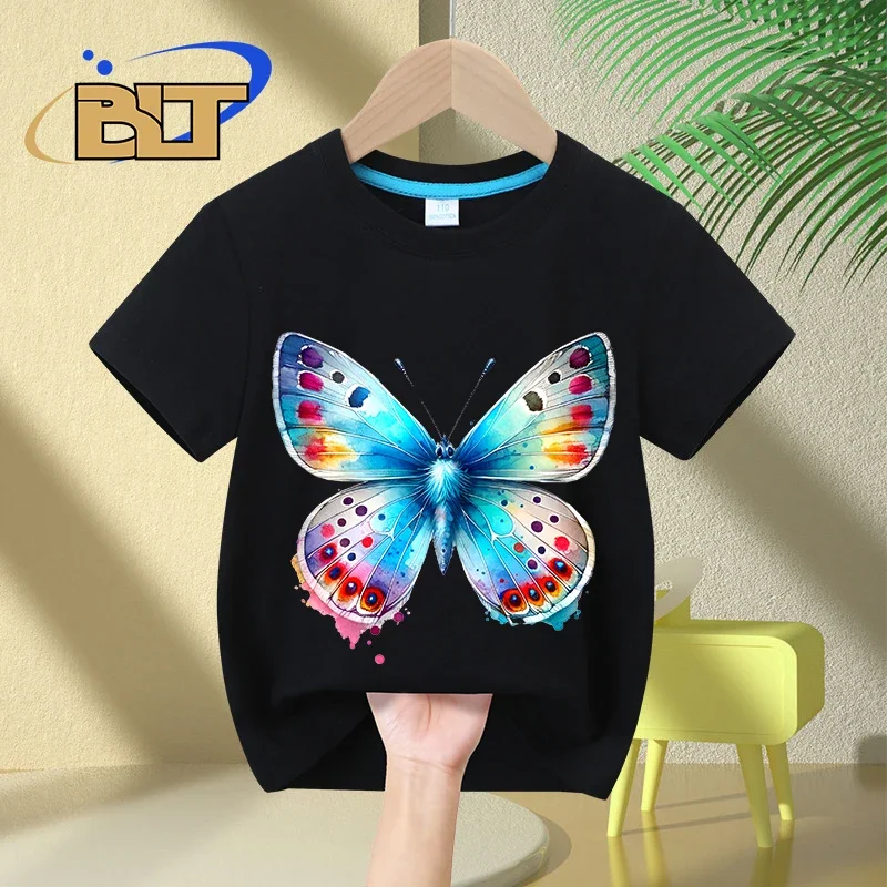 Watercolor Colorful Butterfly print kids T-shirt summer children's cotton short-sleeved casual tops for boys and girls