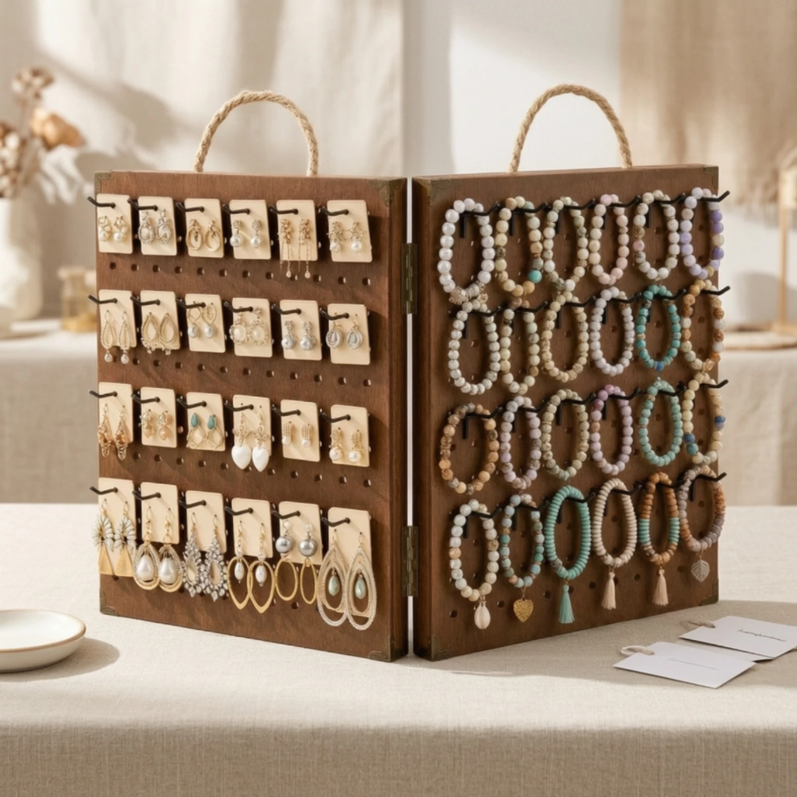 Tabletop Organizer Rustic Foldable Tabletop Jewelry Display Rack for Craft Market Vendors, Temporary Shops