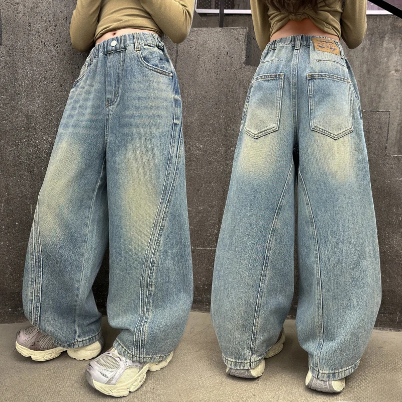 

Новые осенние джинсы для девочек, детские свободные корейские синие лоскутные брюки с высокой талией, детские джинсовые брюки в повседневном стиле