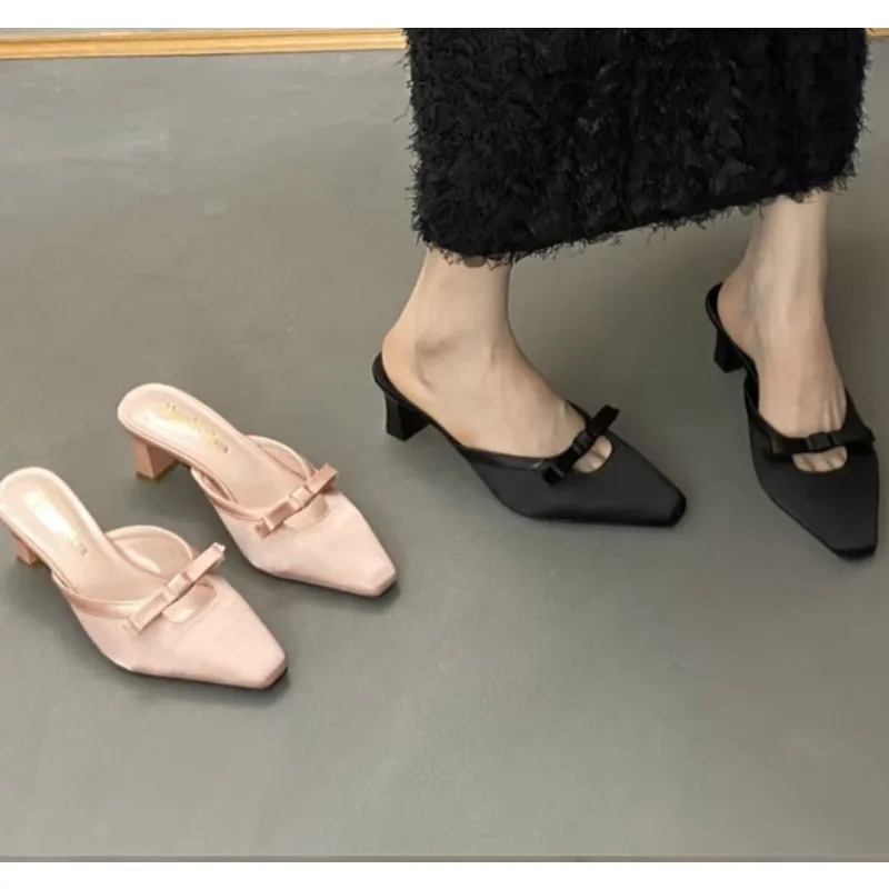 

Female Shoes Butterfly-Knot Low Square Toe Slippers Women Summer Mules Sexy Slides Block Cover Rome Butterfly-knot Cotton F