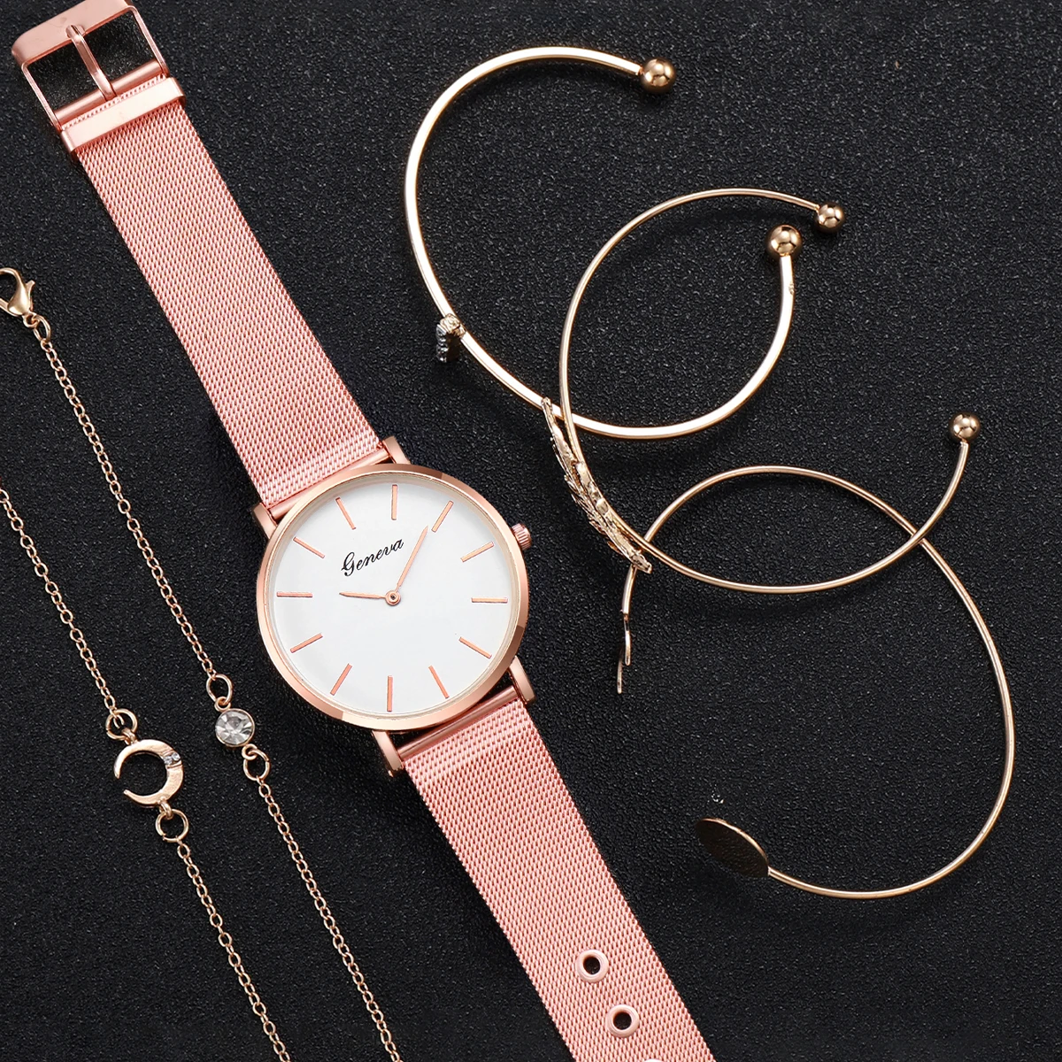 6 Stks/set Dameshorloge Neutrale Mesh Band Horloge Casual Quartz Horloge Met Ronde Wijzerplaat En Gouden Armband Set