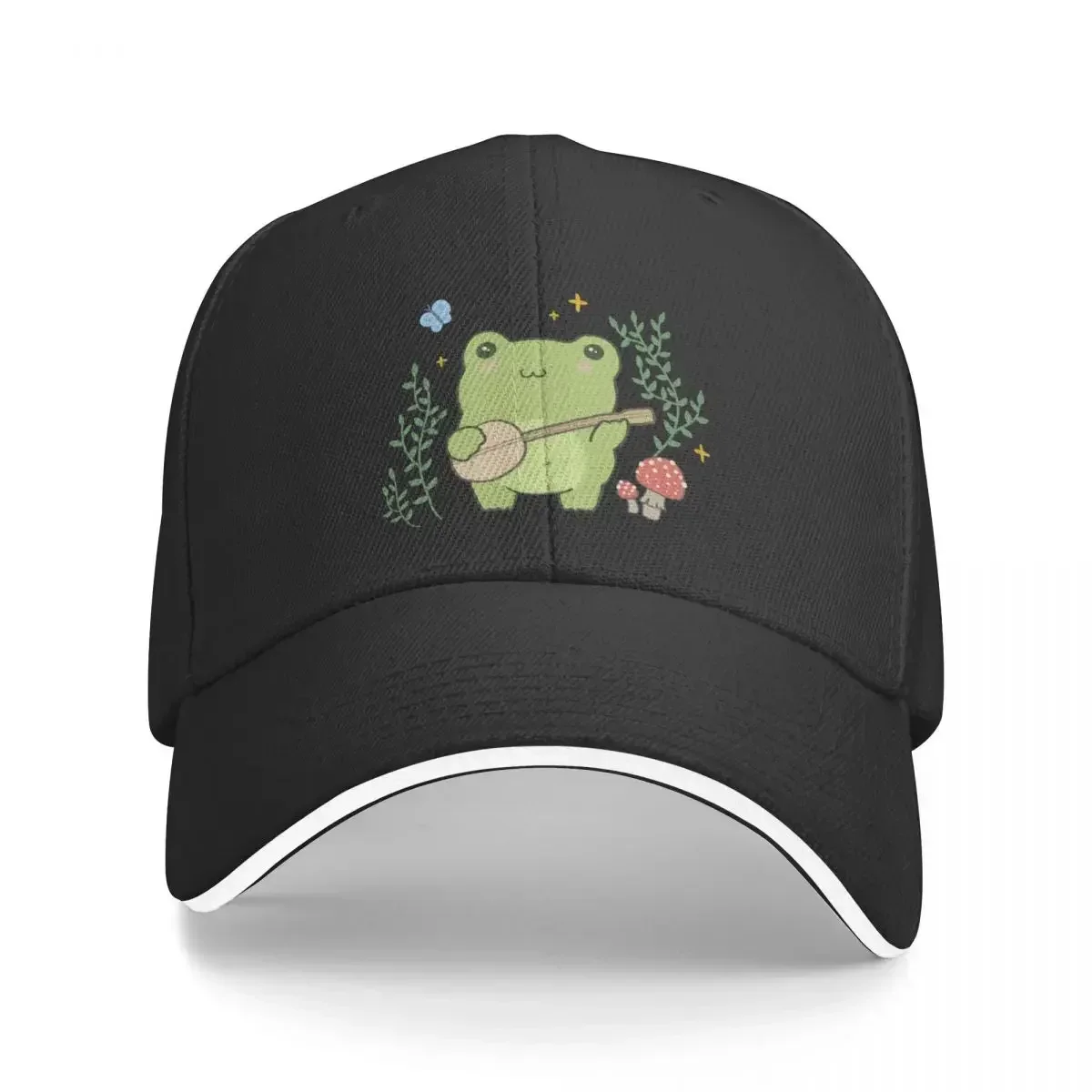 Cute Kawaii Frog Playing  - Toad Plant Fungi Blue  - Cottagecore Aesthetic Mushroom - Chubby Phrog Baseball Cap