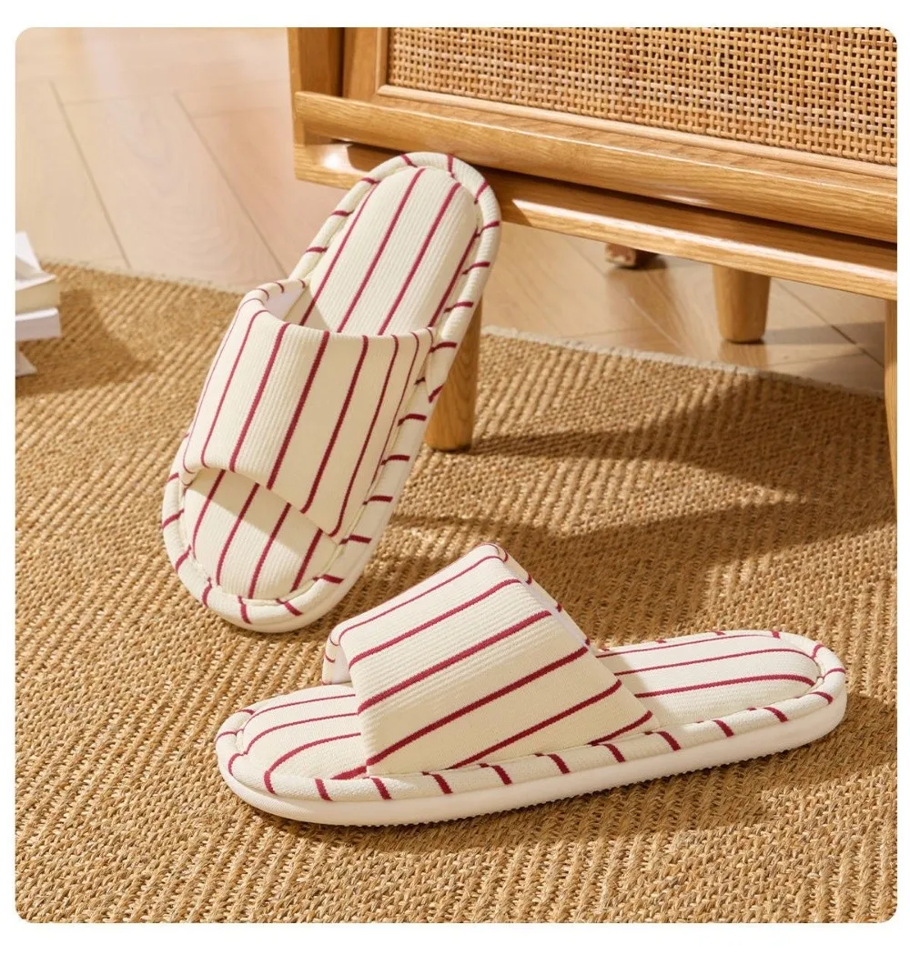 1 Paar leichte, rutschfeste Hausschuhe mit weicher Sohle, leinenähnliche Hausschuhe, gepolsterte, gestreifte Slip-on-Hausschuhe für den Heimgebrauch – Detail 2