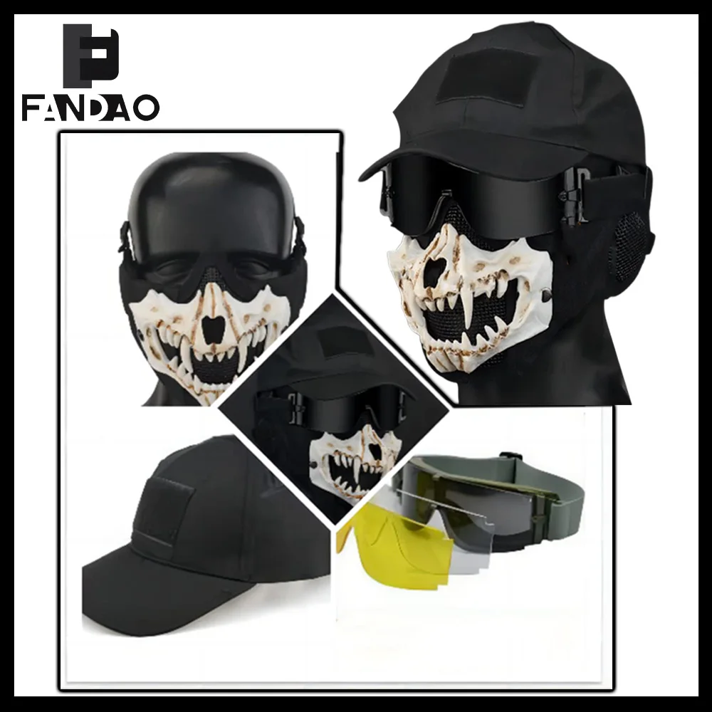3Color Tactical Goggles Set Halloween Airsoft Skull Mask Adjustable Baseball Hat for Paintball Shooting CS Survival Game Cosplay