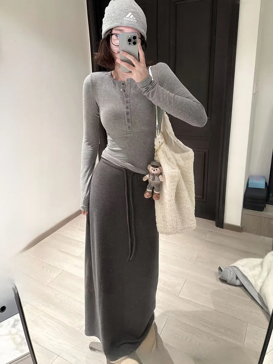 

Теплая длинная юбка А-силуэта из флиса с эластичным поясом на шнурке, из начесанного полиэстера, повседневная женская юбка для осени и зимы