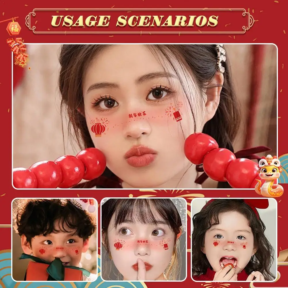 5Pcs 2025 Happy New Year Lantern Makeup Face Patches Fireworks Lantern Powder Blusher Sticker Lantern Makeup Tattoos Sticker