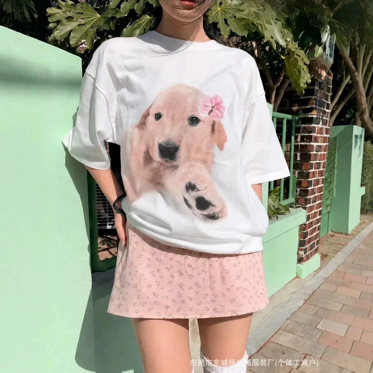 Soft Girl Cute Realistic Golden Puppy Big Print Oversized Tee Loose 100% Cotton Dog Lover Pastel Daily Casual Short Sleeve Top