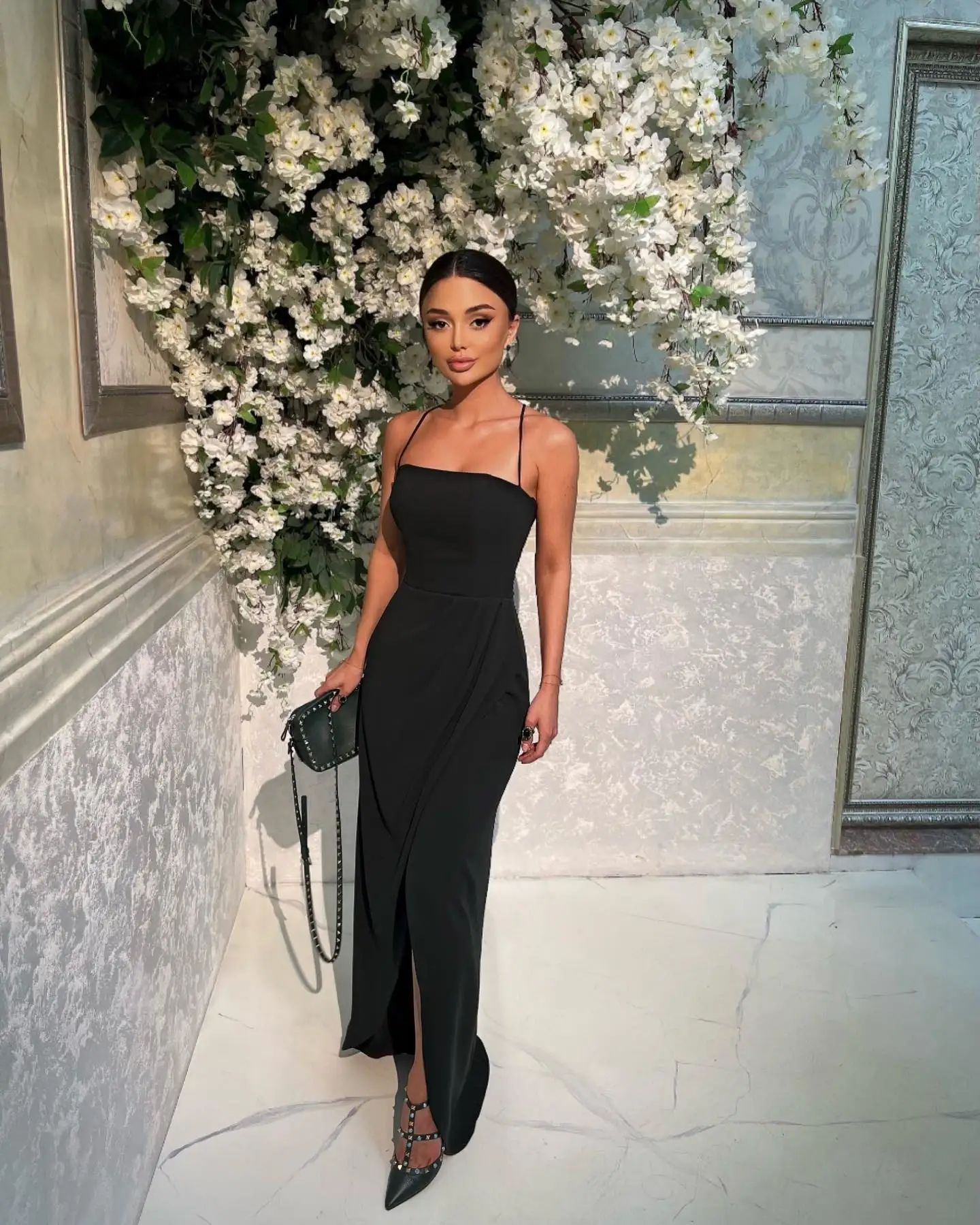 

Customized High Quality Jersey Straight Spaghetti Straps Evening Dresses Strapless Sleeveless Panel Train Black Prom Dress