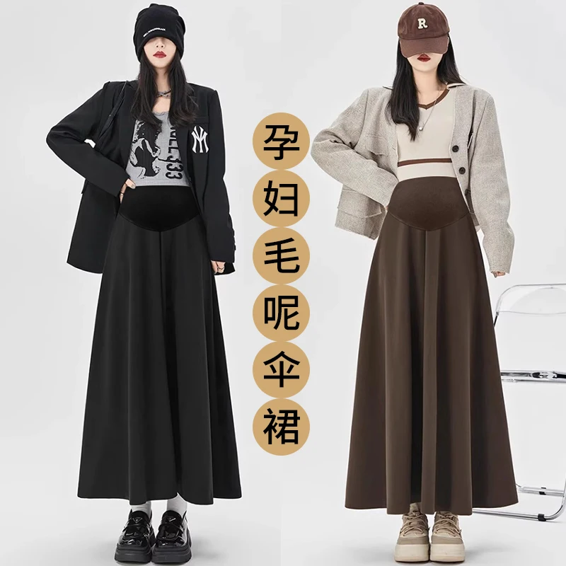 Autumn Winter Woolen Maternity Long Skirts A Line Loose Belly Bottoms Clothes for Pregnant Women Thick Warm Pregnancy