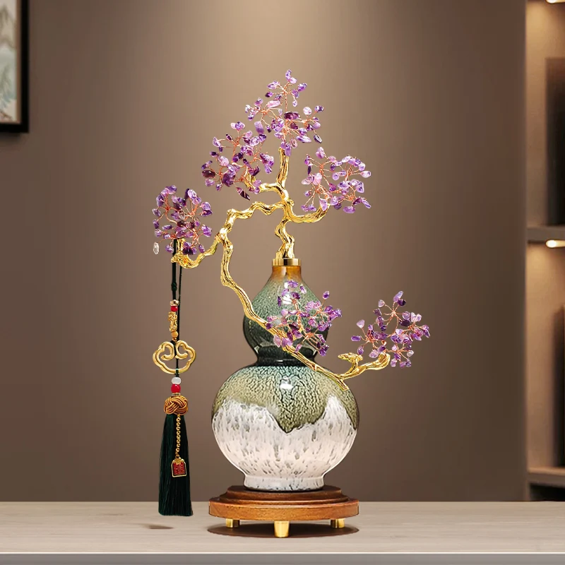 Double Gourd Tabletop Decor Ornament Golden Twisted Branch Purple Cluster Stone Accent Living Room Craft Display Hanging Tassel