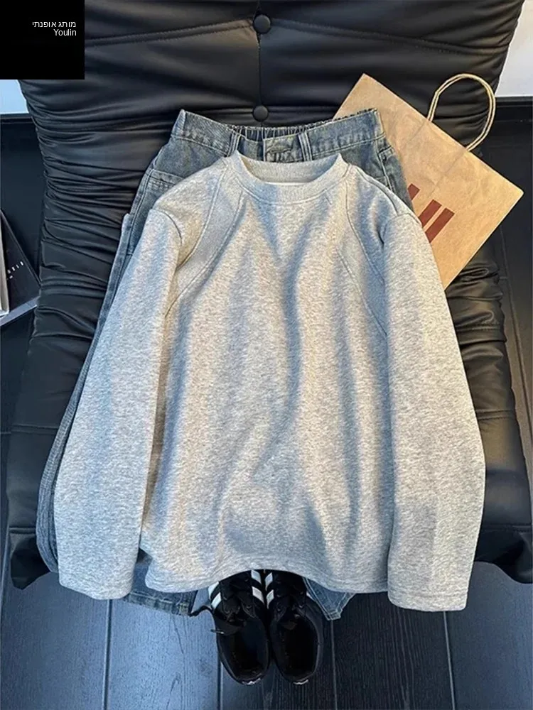 Light Grey Fleece Lined Hoodie Men's Winter Heavyweight Long Sleeve Inner Wear American Style Boxy Base Shirt Standard Fit