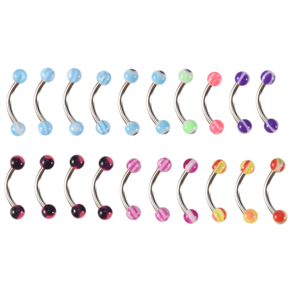 20pcs Colorful Stainless Steel Ball Barbell Curved Eyebrow Rings Bars Tragus Piercing