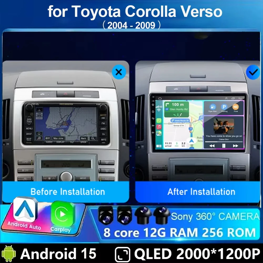 

9-дюймовая автомагнитола Android 15 для Toyota Corolla Verso AR10 2004-2009, мультимедийный плеер 2DIN с Carplay, видео, стерео, аудио, Wi-Fi