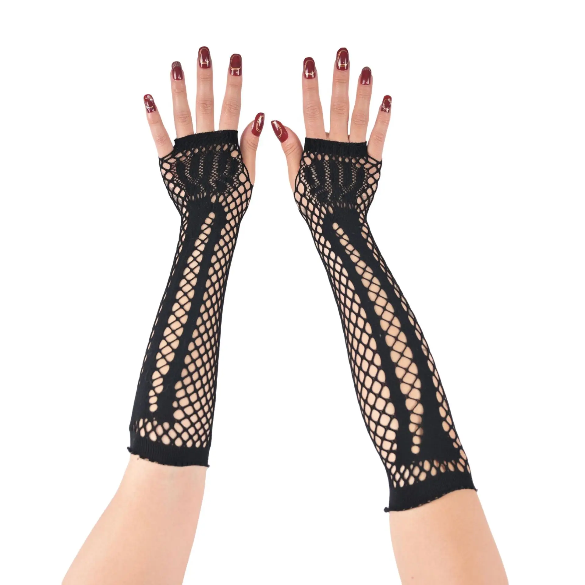 Gloves Dark Punk Gothic Mesh Long Fingerless Hollow Cutout Arm Sleeves Black Lightweight Stage Performance Accessory