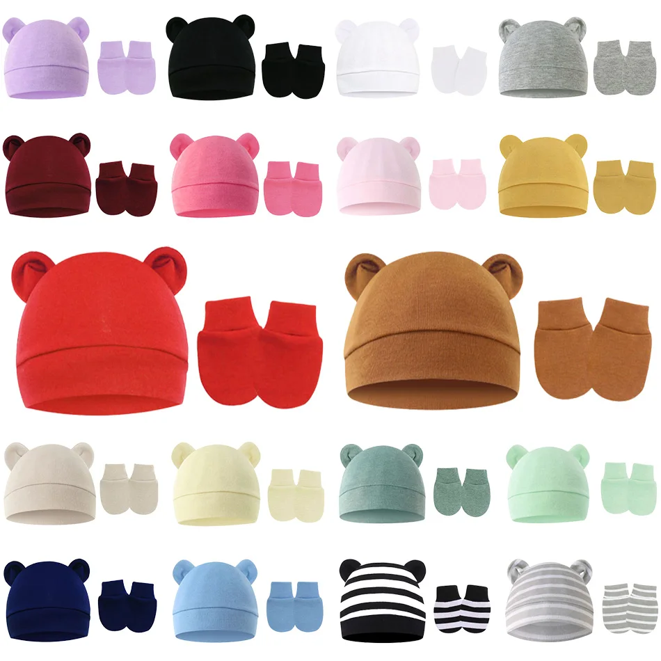 Baby Pullover Hat Cartoon Bear Ears Boys and Girls' Hat Newborn Fetal Hat Scratch Resistant Gloves 2-Piece Plush Warm Hat