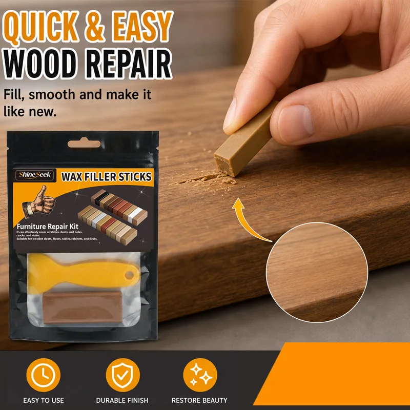 1Pc Super Strong Wood Repair Wax Block + 1Pc Scraper Set—Wood Floor Repair Wax Block Kit, Suitable for Wooden Furniture and Floors, Furniture Repair Marker Pen, Linseed Oil Floor Repair Set, Effectively Covers Scratches, Dents, Nail Holes, Cracks, and Stains Suitable for Wooden Doors, Floors, Tables, Cabinets, Desks. Indispensable Woodworking Tools, a Great Choice!
