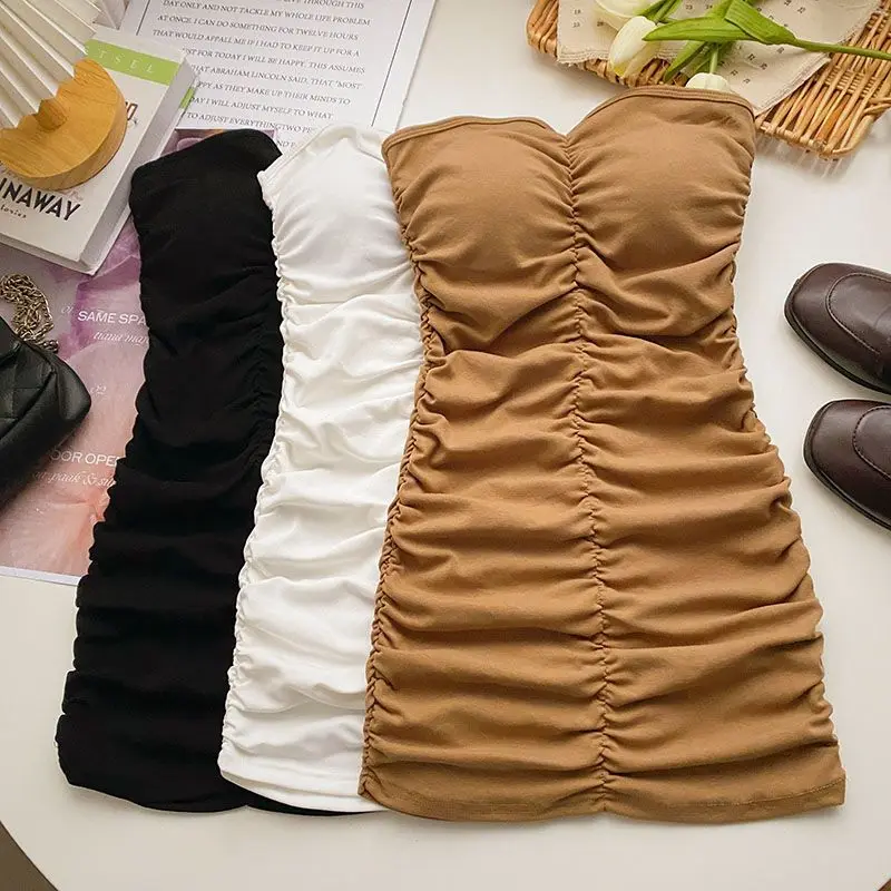 2026 Summer Women Sexy Ruched Chest Pad Tube Top Dress Korean Slim Waist All Match Casual Party Bodycon Dresses Vestidos