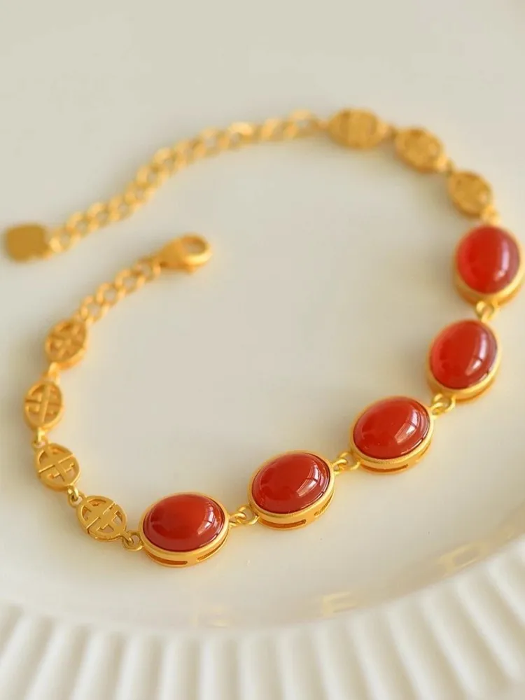 Natural Red Agate Bracelet Women Gold-Plating S925 Sterling Silver Chain Luxury Bracelets Fine Jewelry