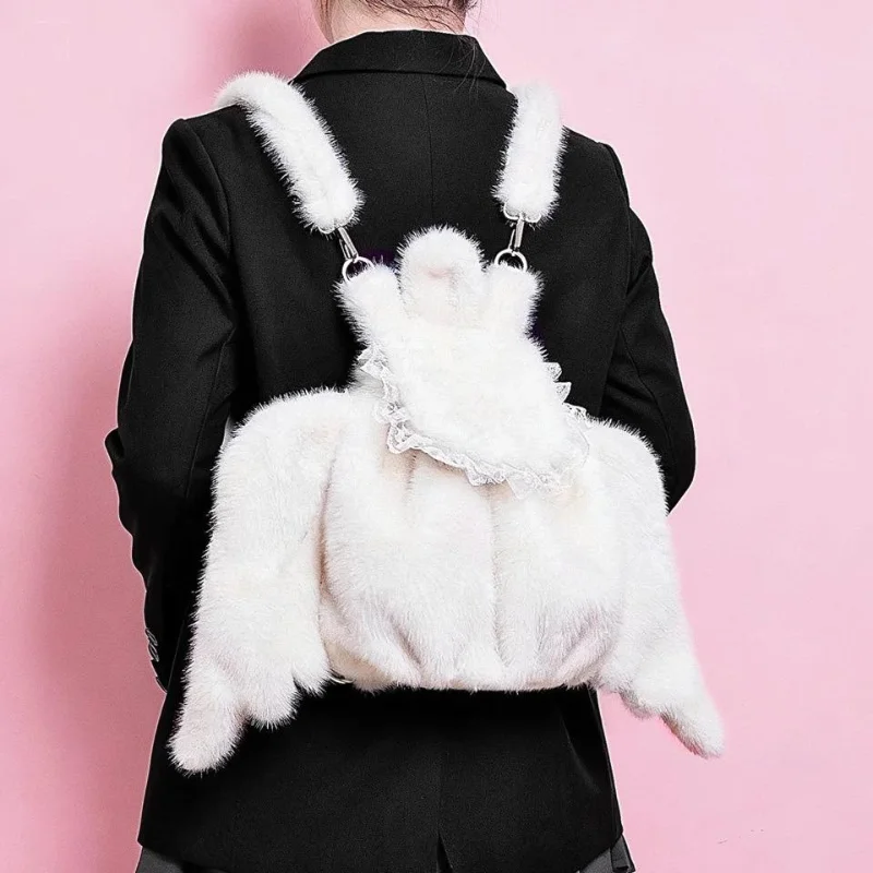 

Luxury Angel Plush Wings Backpack Korean Retro Lace Offwhite Shoulder Crossbody Bag Fashion Sweet Creative Soft Student Schoolba