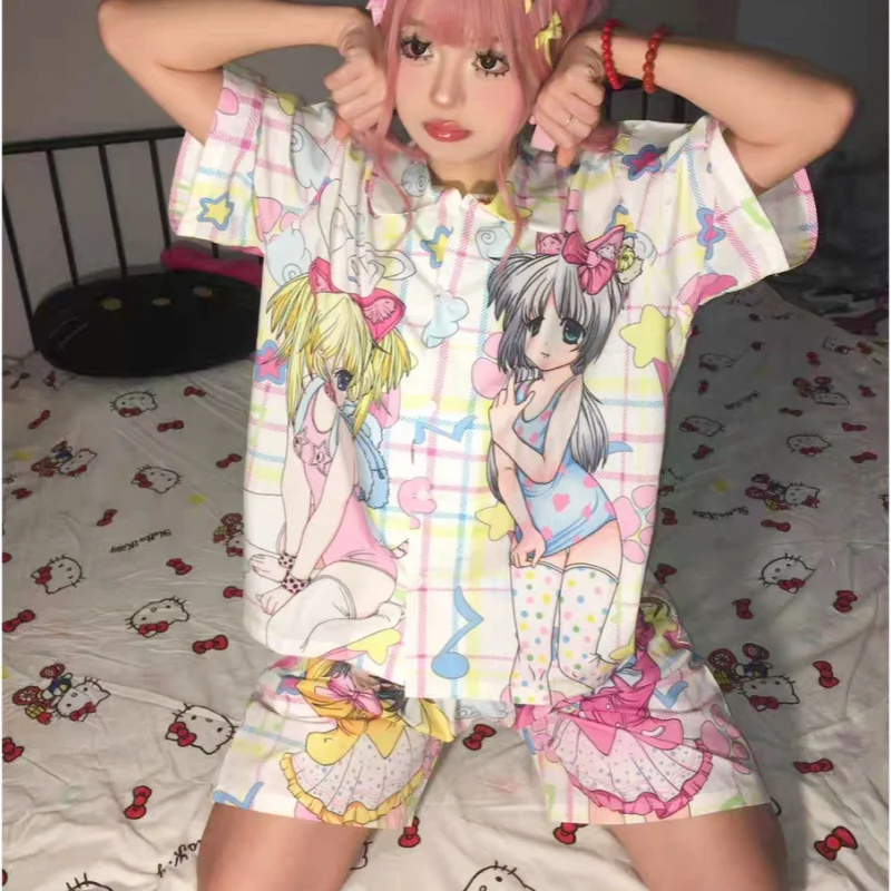 2000s Japan Anime Girl Pattern Graphic Lapel Shirt and Short 2 Piece Sets Young Women Girls Pajamas Lolita Style Kawaii Clothes