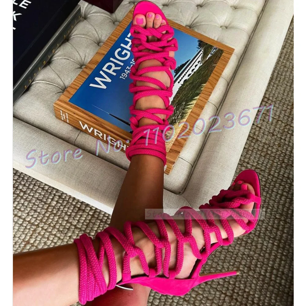 White Gladiator Rope Sandals Women Trends High Heels Cross Tied Open Toe Shoes Female Summer Outfit Lace-up Roman Dress Sandals
