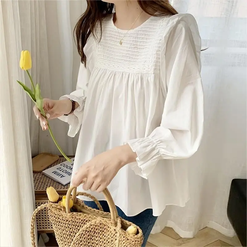 Spring Autumn New Korean Version Ruffled Doll Shirt for Women\'s Loose Slimming Versatile Round Neck Pleated Chic Shirt for Women