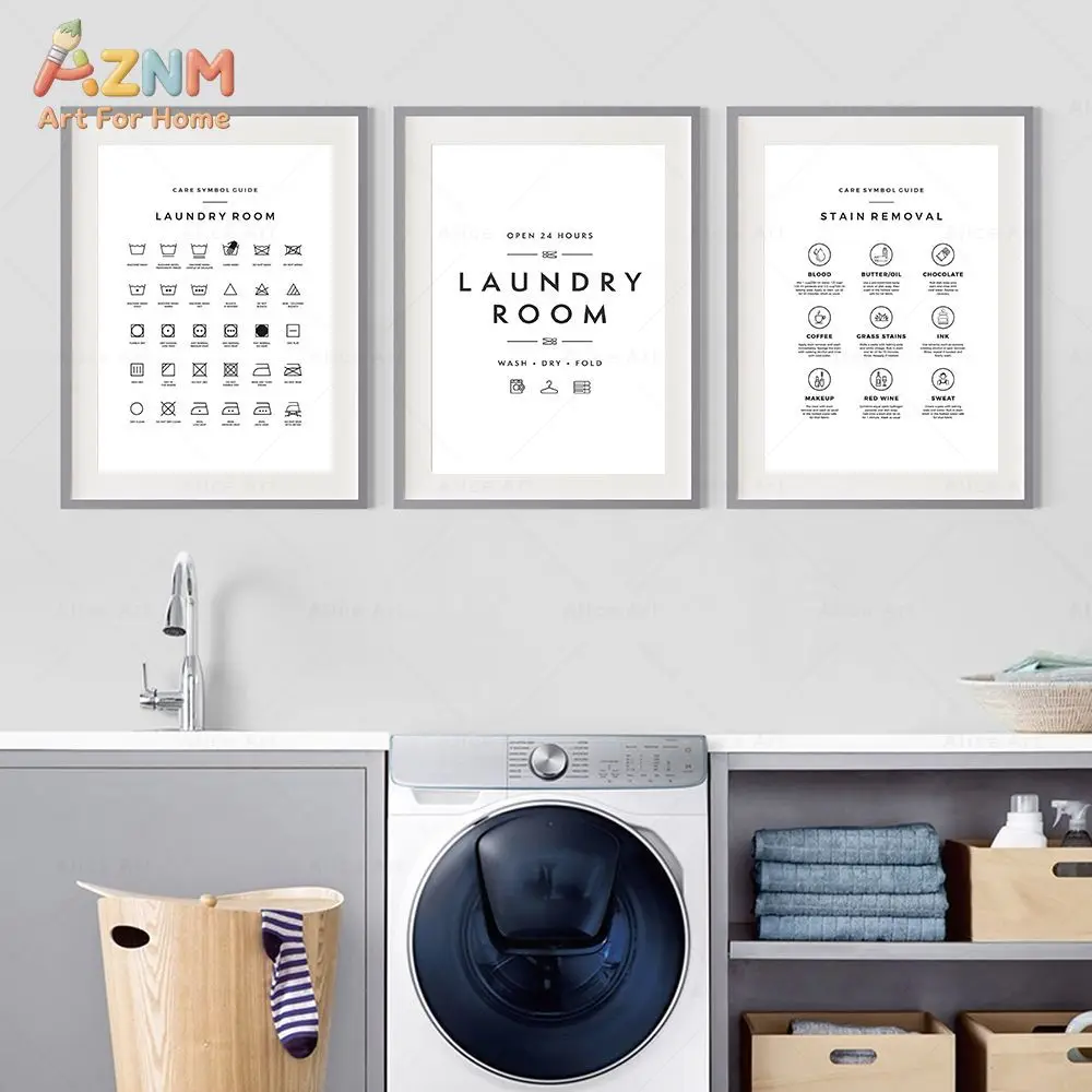 AZNM Laundry Room Canvas Wall Art Minimalist Laundry Care Symbol Stain Removal Guide Print Frameless Canvas Painting Utility Roo