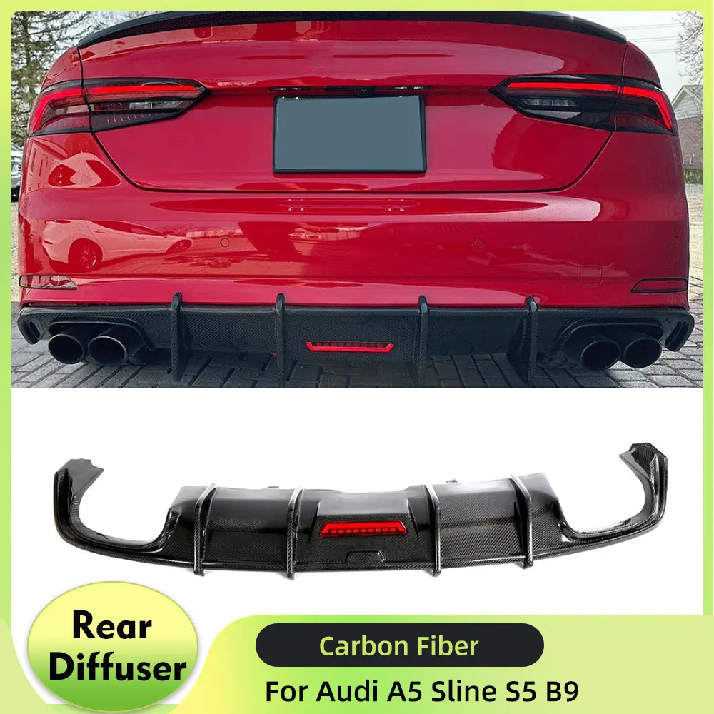 Car Rear Bumper Diffuser Lip Spoiler for Audi A5 S-line/S5 B9 Sedan Coupe 2017-2020 Carbon Fiber Rear Diffuser With LED Light