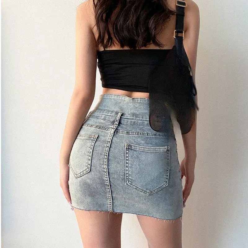 

2025 New Fashion Women's American Vintage High Waist Washed Grey Blue Solid Color Slim Jeans Skirts A-line Summer Denim Skirts