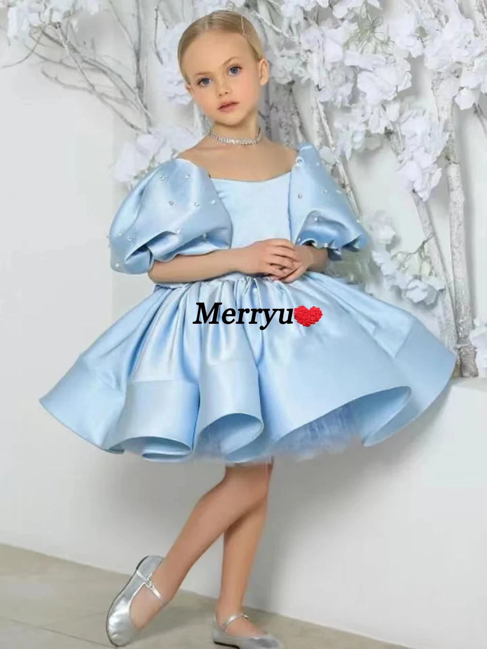 New White Flower Girl Dress Princess Wedding Party Gown  Elegant Formal  Satin Pearls  Kids First Communion Dress