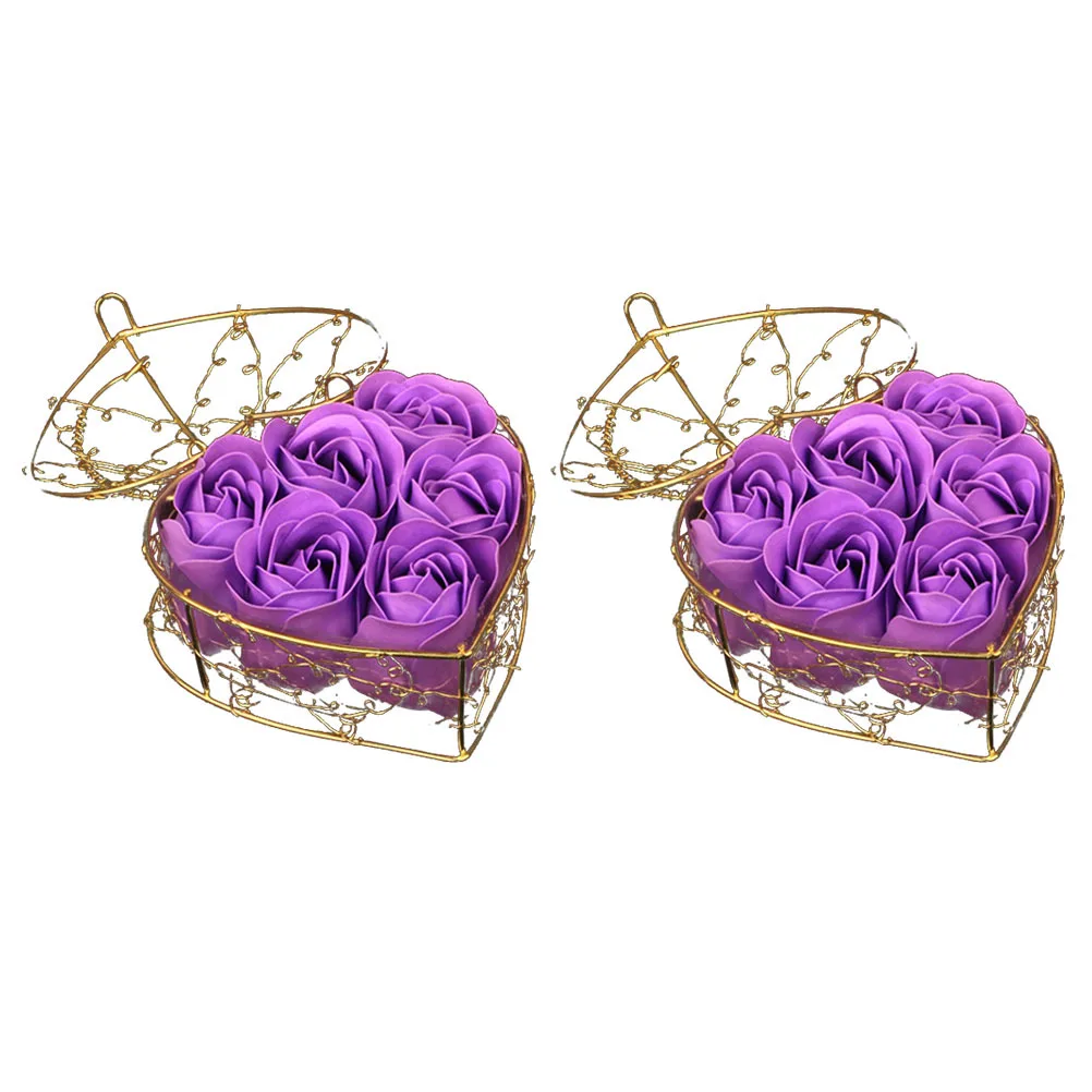 

2 Sets Soap Rose Flower Bouquet Simulation Delicate Ornament for Valentine's Day Wedding Purple Iron Basket Flower Craft