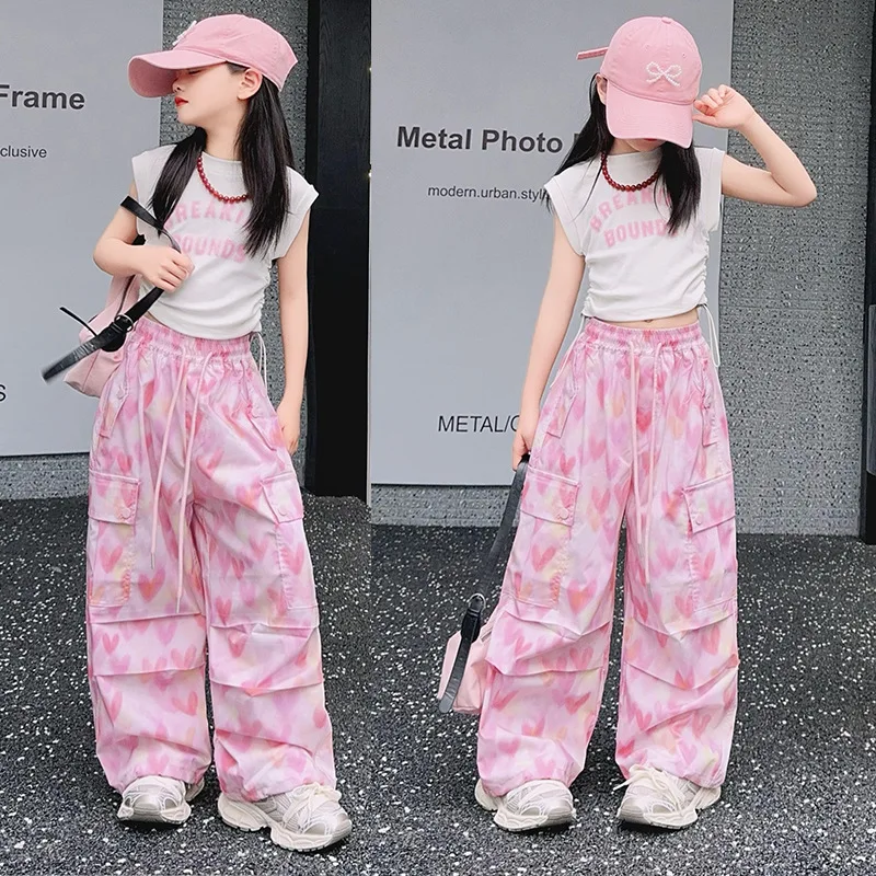 

Teen Girls' Overalls Set Summer Loose Love Pants+Letter Printed Drawstring Vest Two-piece Set Child Trendy Hip Hop Costume