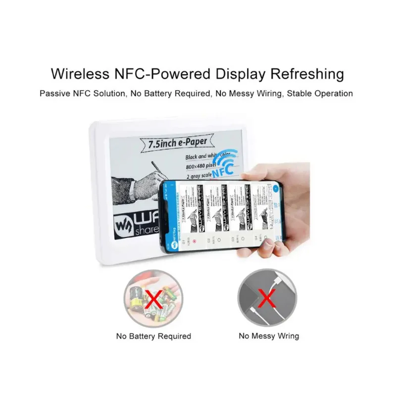 

Waveshare 7.5inch Passive NFC-Powered e-Paper, No Battery, Wireless Powering & Data Transfer